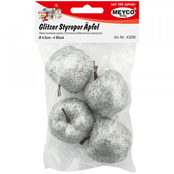 Glitzer-Styropor-Äpfel, silber, 4,5cm, 4 Stk