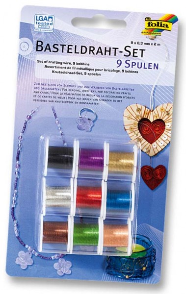 Basteldraht-Set, 9 Spulen à 2 m, Ø 0,3 mm, farbig sortiert