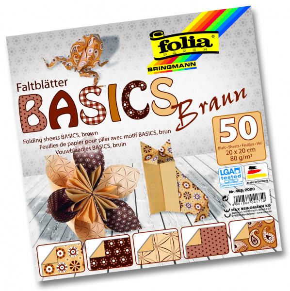 Faltblätter Basics, 20x20 cm, 50 Blatt, 80 g/m², 5 Designs, braun