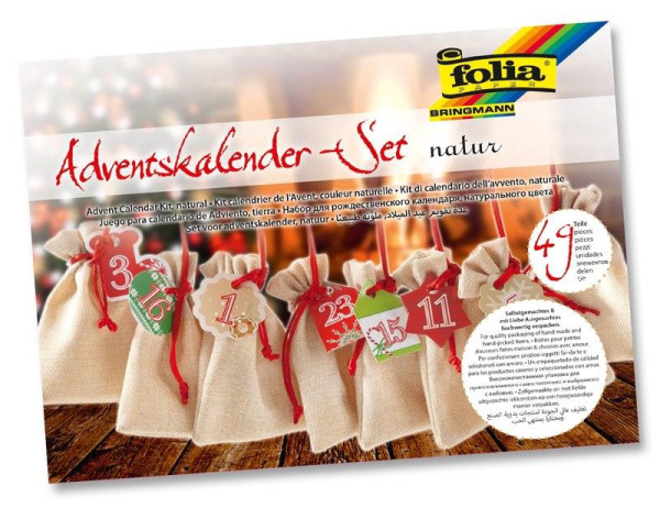 Adventskalender-Set, Beutel in Jute-Optik, 49-teilig