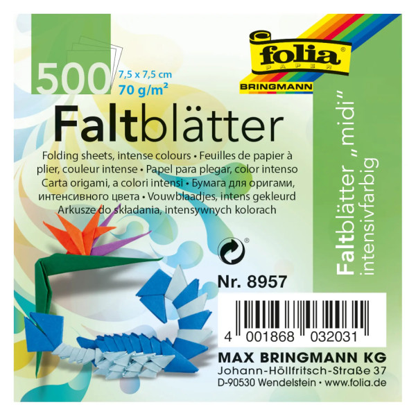 Faltblätter, 7,5 x 7,5 cm, 500 Blatt, 70 g/m², farbig sortiert