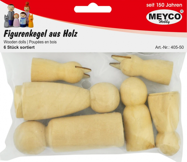 Figurenkegel aus Holz, Familie 6 Stück sort.