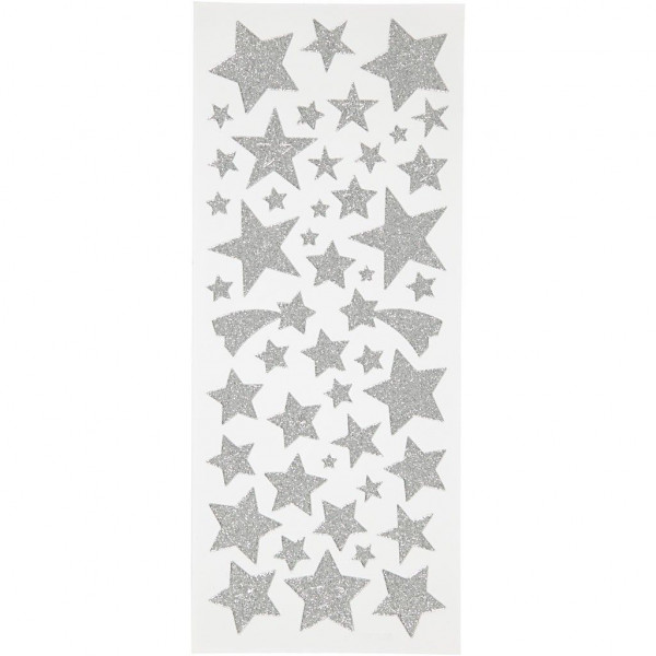 Glitzer-Sticker, Blatt 10x24 cm, ca. 110 Stück, silberne Sterne